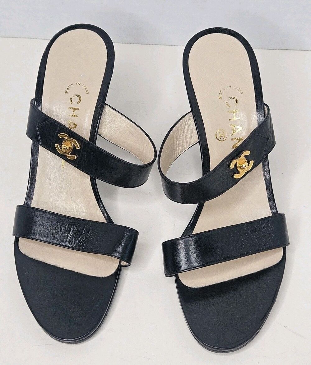 Vtg 90s Y2K CHANEL Black Leather Gold Interlocking CC Logo Open Toe Heels 37.5